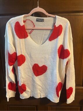 Sweet Love Cream V-Neck Sweater with Red Heart Accents